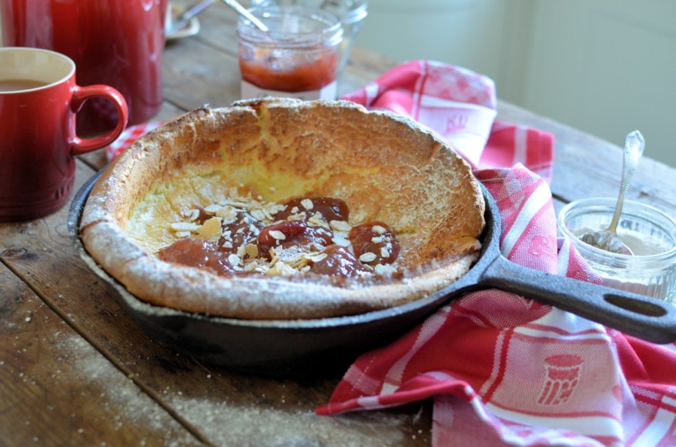 Baked Rhubarb & Strawberry Clafoutis Pancake