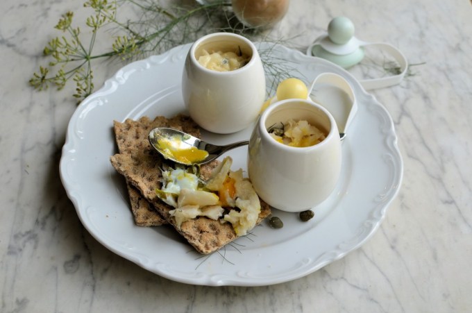 Cheesy Coddled Eggs with Smoked Fish, Sorrel & Dill