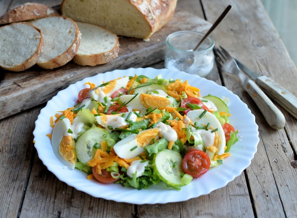 Old Fashioned Roses and an English Garden Salad with Cheese and Eggs