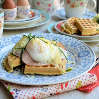 Buttermilk Chive Waffles with Turkey & Cheesy Poached Eggs