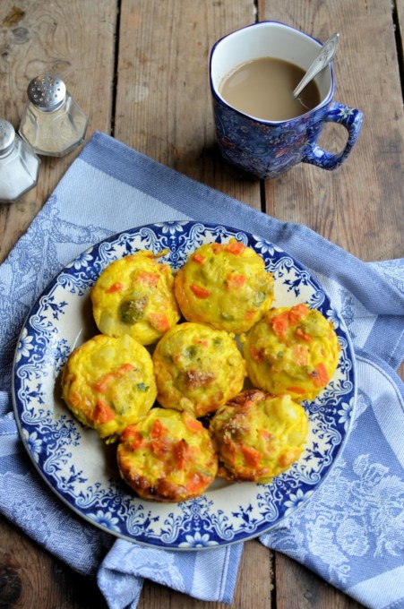 Vegetable “Muffin” Puffs (Makes 9 to 12 depending on the leftovers you have to hand) Ingredients: 10 to 12 cooked carrots, cut into small pieces 9 halves of cooked potatoes, cut into small pieces 12 cooked sprouts, cut into quarters 3 lot 4 large free-range eggs, beaten with 300mls milk 3 to 4 tablespoons grated Parmesan cheese salt and pepper to taste Method: Pre-heat oven 180C/375F/Gas mark 6. Grease a 12 hole muffin tin with cake release spray, or line them with paper muffin cases. Put all of the chopped vegetables in a large bowl and add the beaten eggs with milk. Mix well and season to taste with salt and pepper. Add the grated cheese and mix well. Spoon the mixture into the greased muffin tin, pouring in the liquid afterwards if necessary. Bake in pre-heated oven for 15 to 20 minutes or until they are puffed up and golden brown. Allow them to cool for 2 to 3 minutes in the muffin tin before easing them out gently with a butter knife. Serve them with salad, chutney, relish or pickles for breakfast, brunch or a light supper.