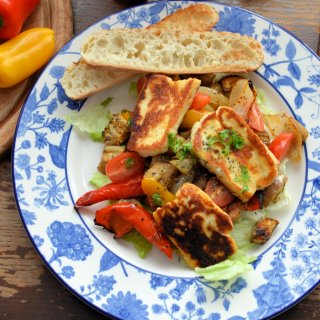 Roasted Graffiti Aubergines & Sweet Peppers in Chilli Oil with with Halloumi & Sourdough Toasts