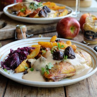 Guinea Fowl with Apples, Prunes and Armagnac Mustard Sauce (Pintade aux Prunes)