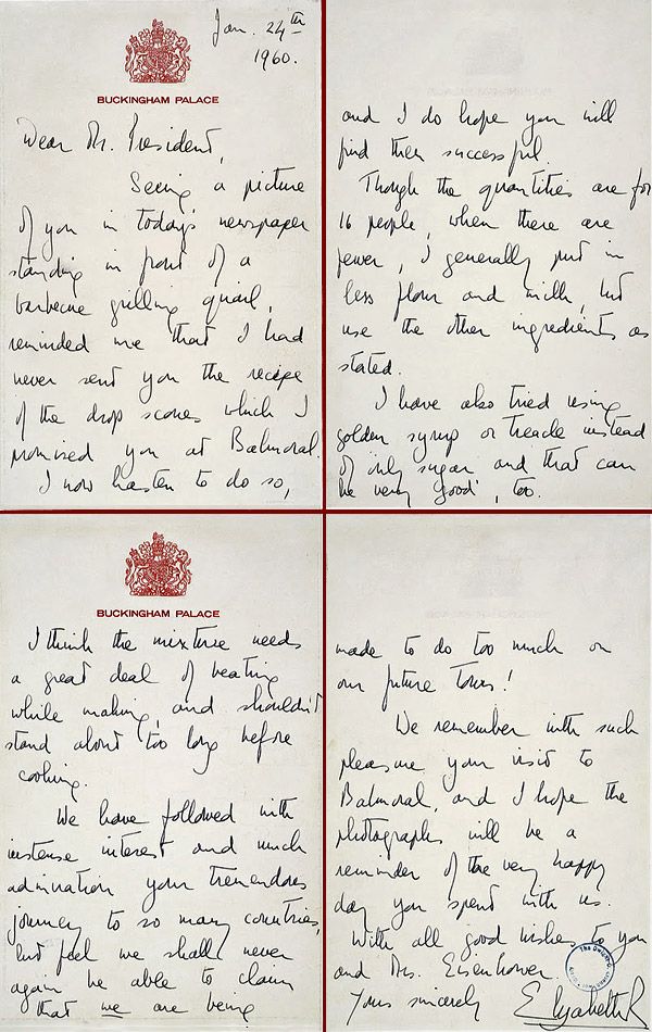 Letter from HM Queen Elizabeth to President Eisenhower for The Queen’s Scotch Pancakes (Drop Scones)