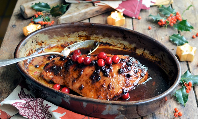 Cranberry-glazed roast turkey breast with wild rice stuffing