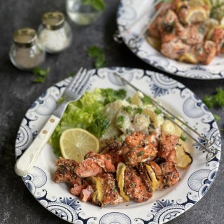 BBQ Greek Style Salmon Kebabs