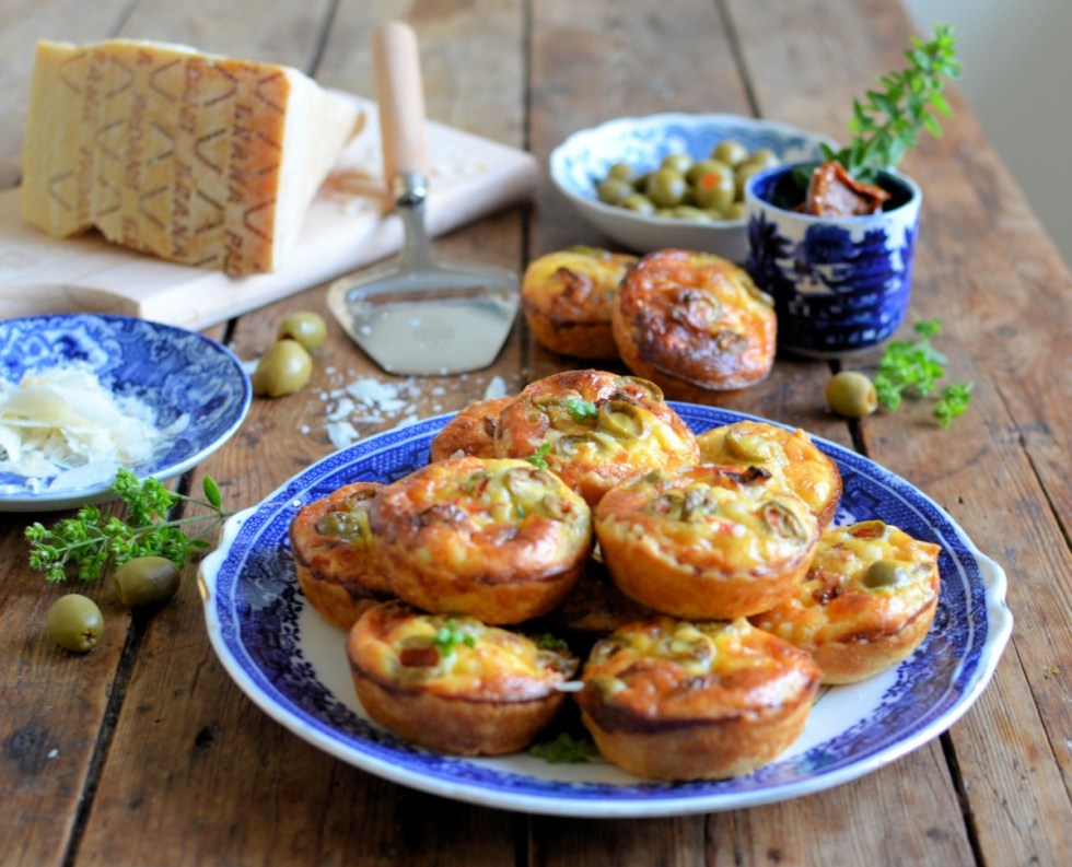 Mini Grana Padano Cheese Tarts with Olives & Sun Dried Tomatoes