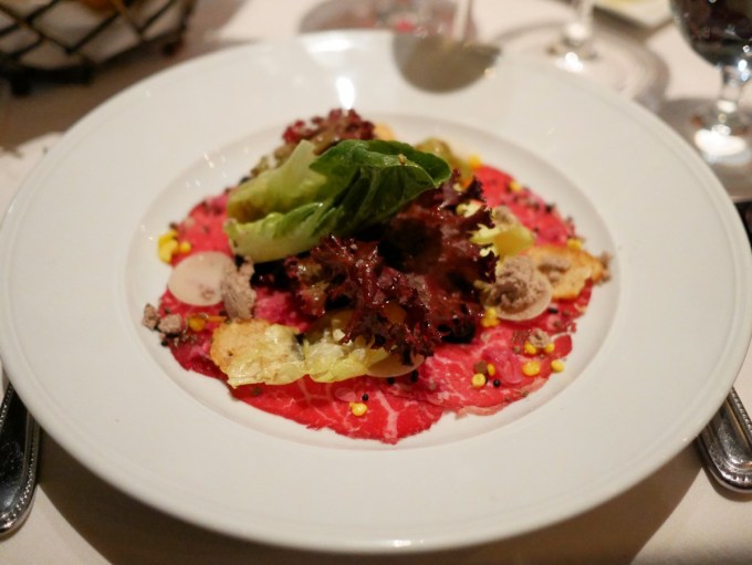 Prime Beef Carpaccio Salad (with chocolate olive oil vinaigrette, cocoa nibs and Pinot gel)