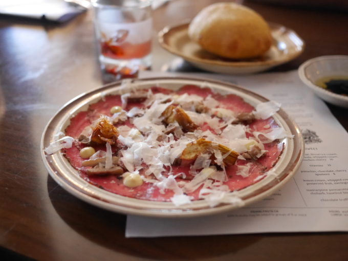 elk carpaccio, pickled walnuts, fried artichokes, garlic mayo