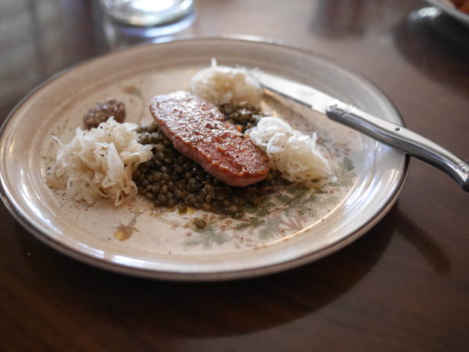 pork cotechino, lentils, sauerkraut, mustard