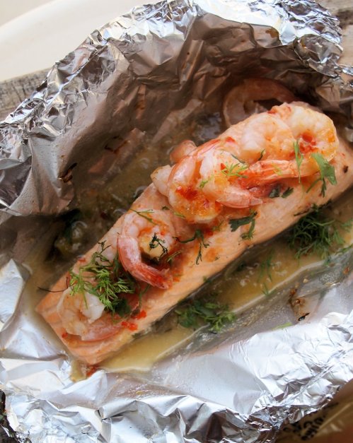 Chilli, Garlic & Lime Barbecued Salmon Parcels with Prawns