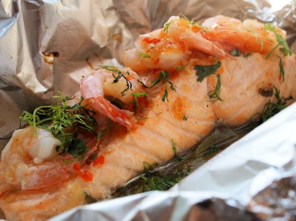 Chilli, Garlic & Lime Barbecued Salmon Parcels with Prawns