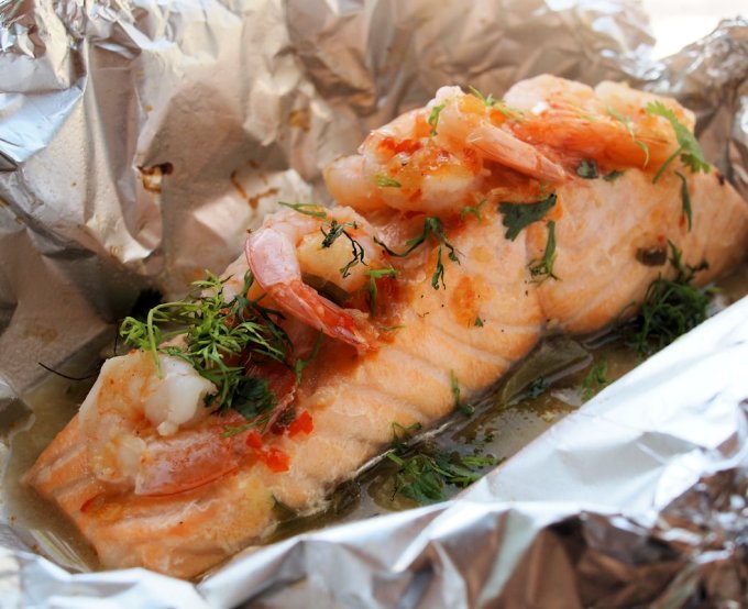 Chilli, Garlic & Lime Barbecued Salmon Parcels with Prawns