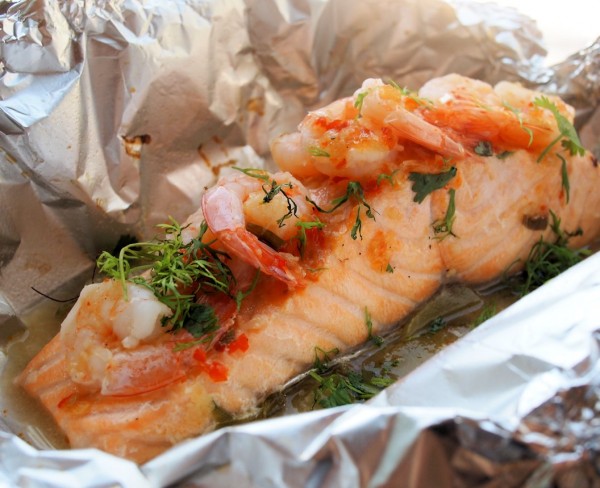 CHILLI, GARLIC & LIME BARBECUED SALMON PARCELS WITH PRAWNS