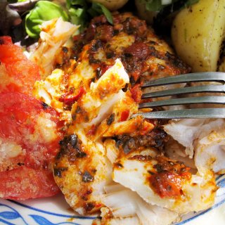 Roasted Red Pepper & Tomato Tapenade Topped BBQ Cod with Hot New Potato Salad with Mint & Spring Onions