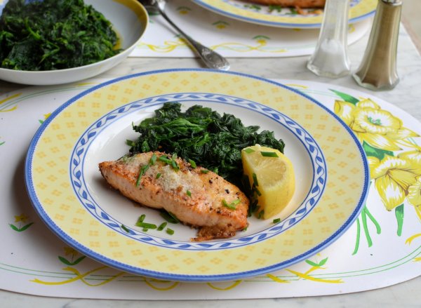 Fish on Friday: Parmesan & Chive Salmon with Garlic & Nutmeg Spinach Recipe