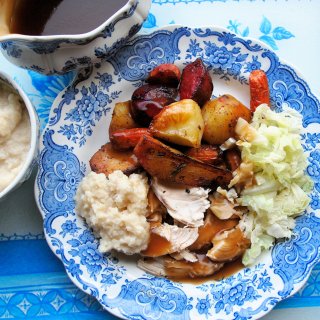 Lazy Blue and White Lunch: Garlic Roast Chicken with Root Vegetables Recipe