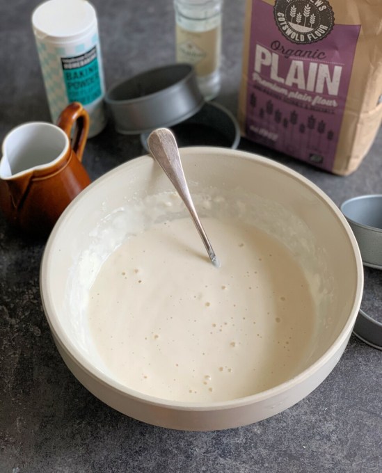 The batter needs to be quite runny, similar to liquid double cream. Add the water until you have achieved this. Mix well until the batter is smooth.